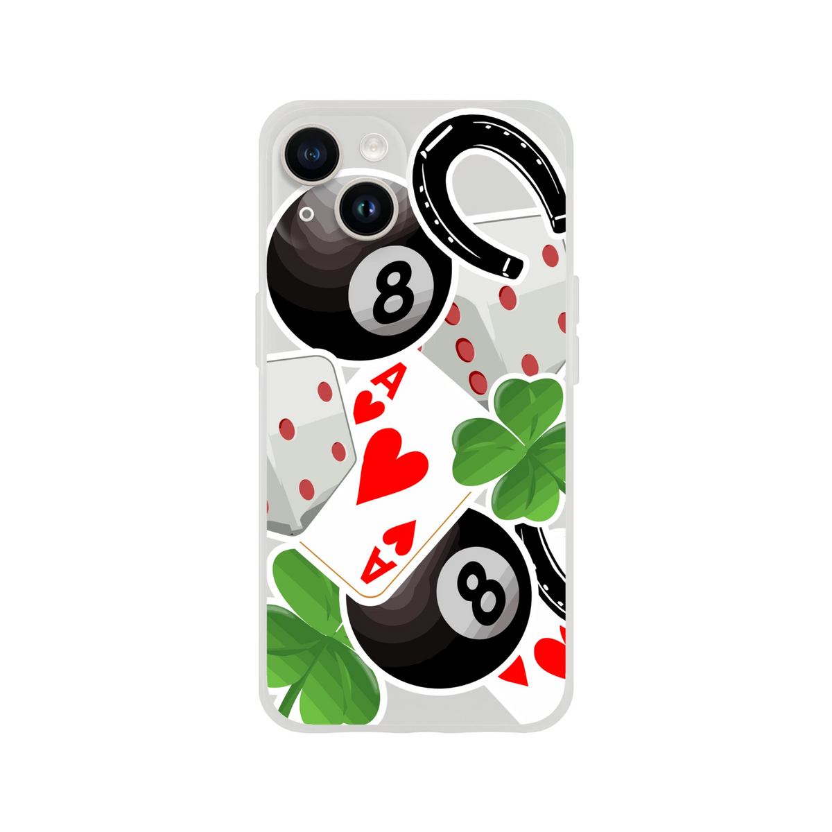 Transparent iPhone case featuring lucky charm graphics with 8 ball, horseshoe, clover, and Ace of Hearts.