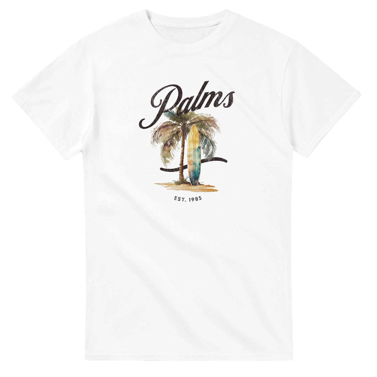 White Palm Tree women's graphic T-shirt with palm tree and surfboard, soft cotton blend, sizes S-XL.