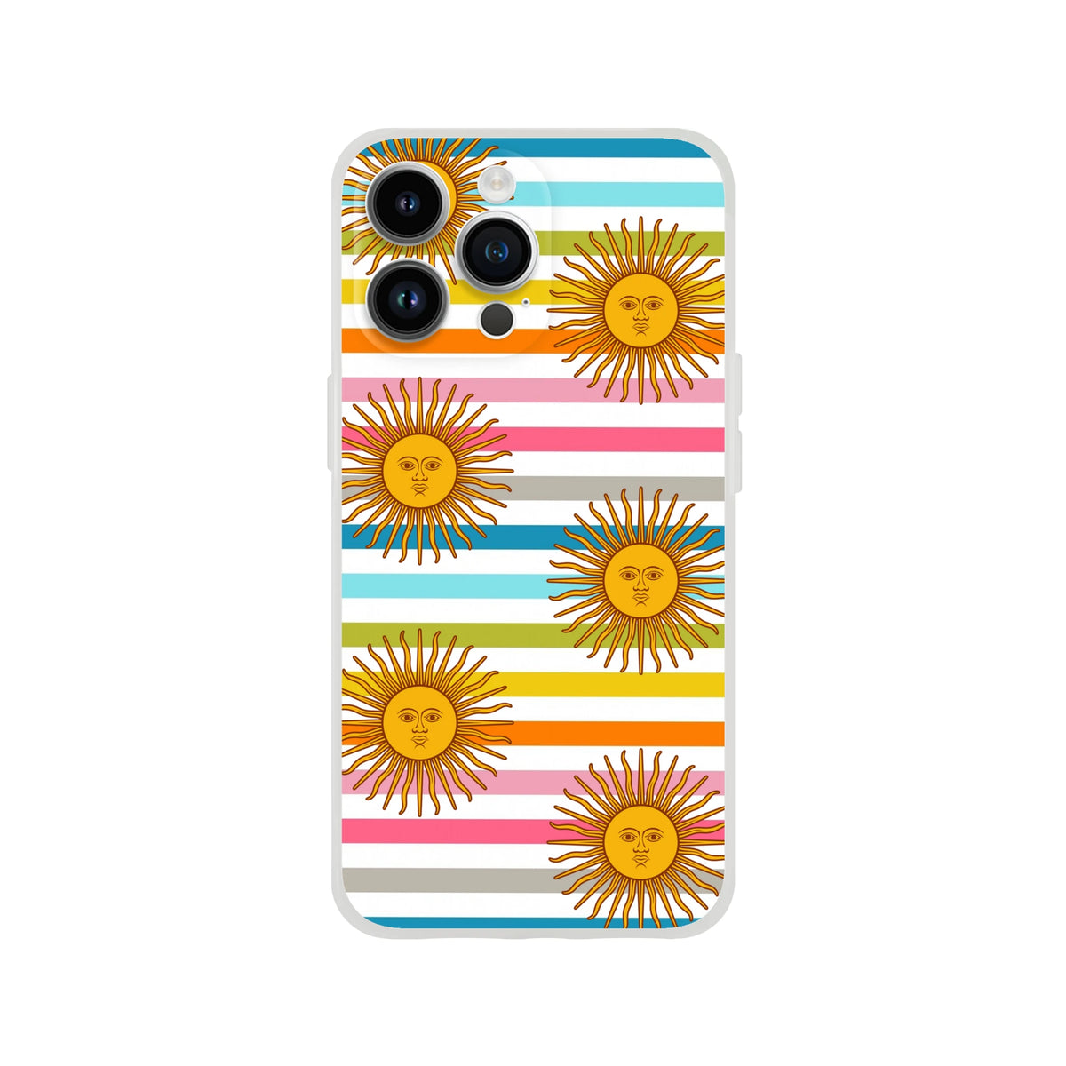 Retro Rainbow Sun iPhone case for 13-16, boho aesthetic with a matte striped design.