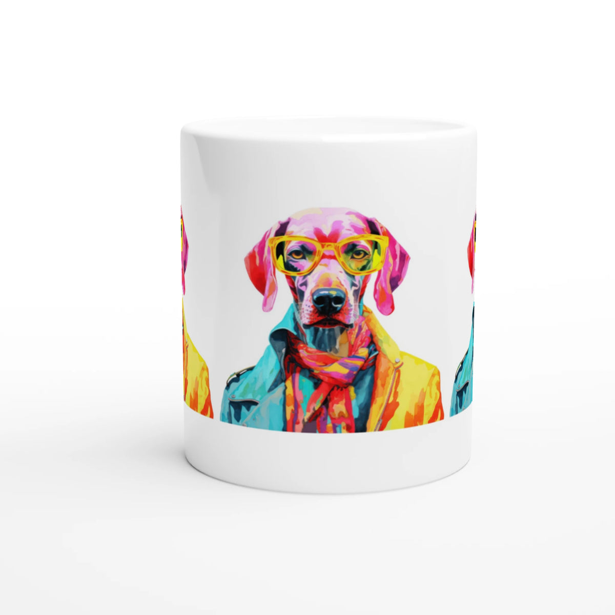Colorful dog wearing yellow glasses on a white ceramic mug.