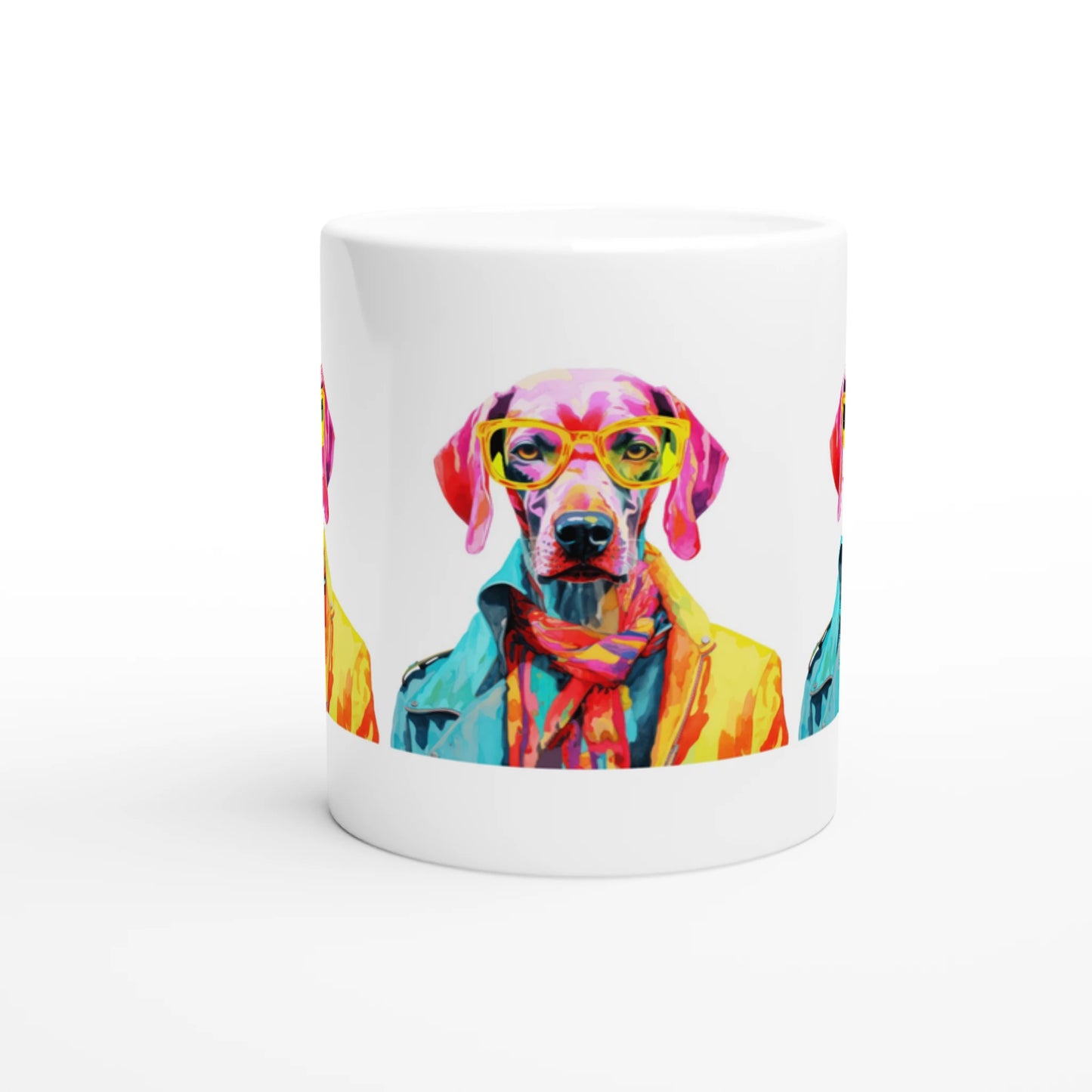 Colorful dog wearing yellow glasses on a white ceramic mug.