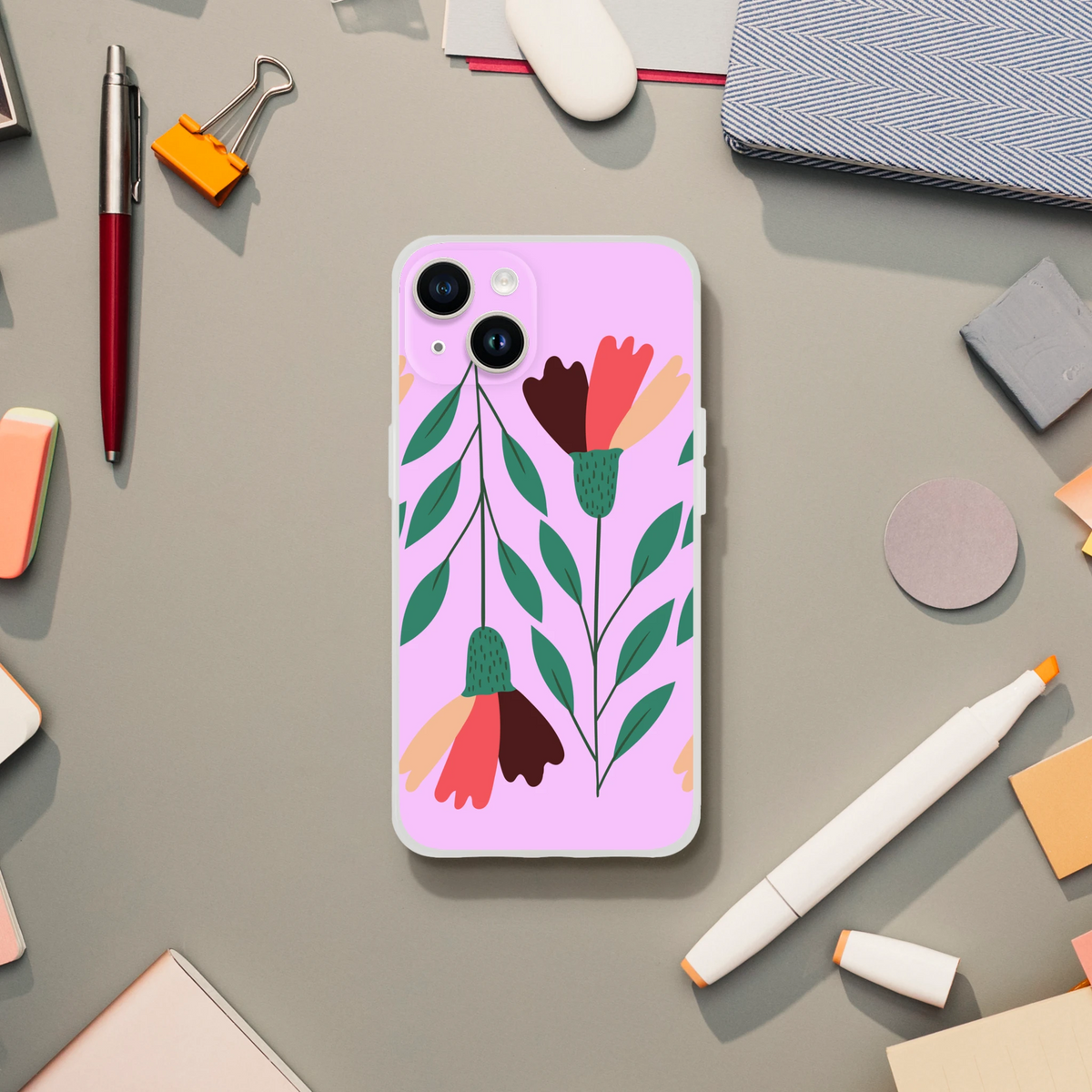 Cute floral iPhone case (13-16) with pink background and green leaves, vintage aesthetic.