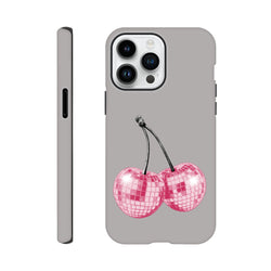 Grey iPhone case featuring pink disco ball cherry design. Glitterball fruit phone cover for iPhone 13-16 toughness protection.
