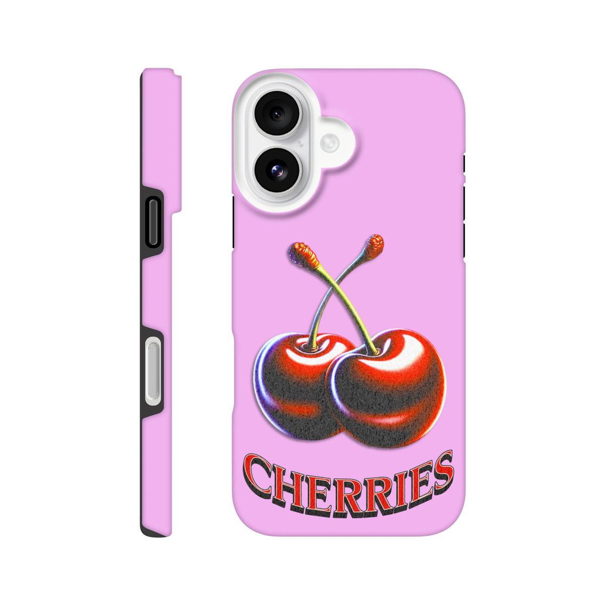 Pink Y2K iPhone case featuring retro glossy red cherries and "Cherries" text. Durable tough cover for everyday protection.