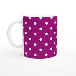 Retro purple ceramic mug with white polka dot pattern, ideal for coffee, tea, or gifting.