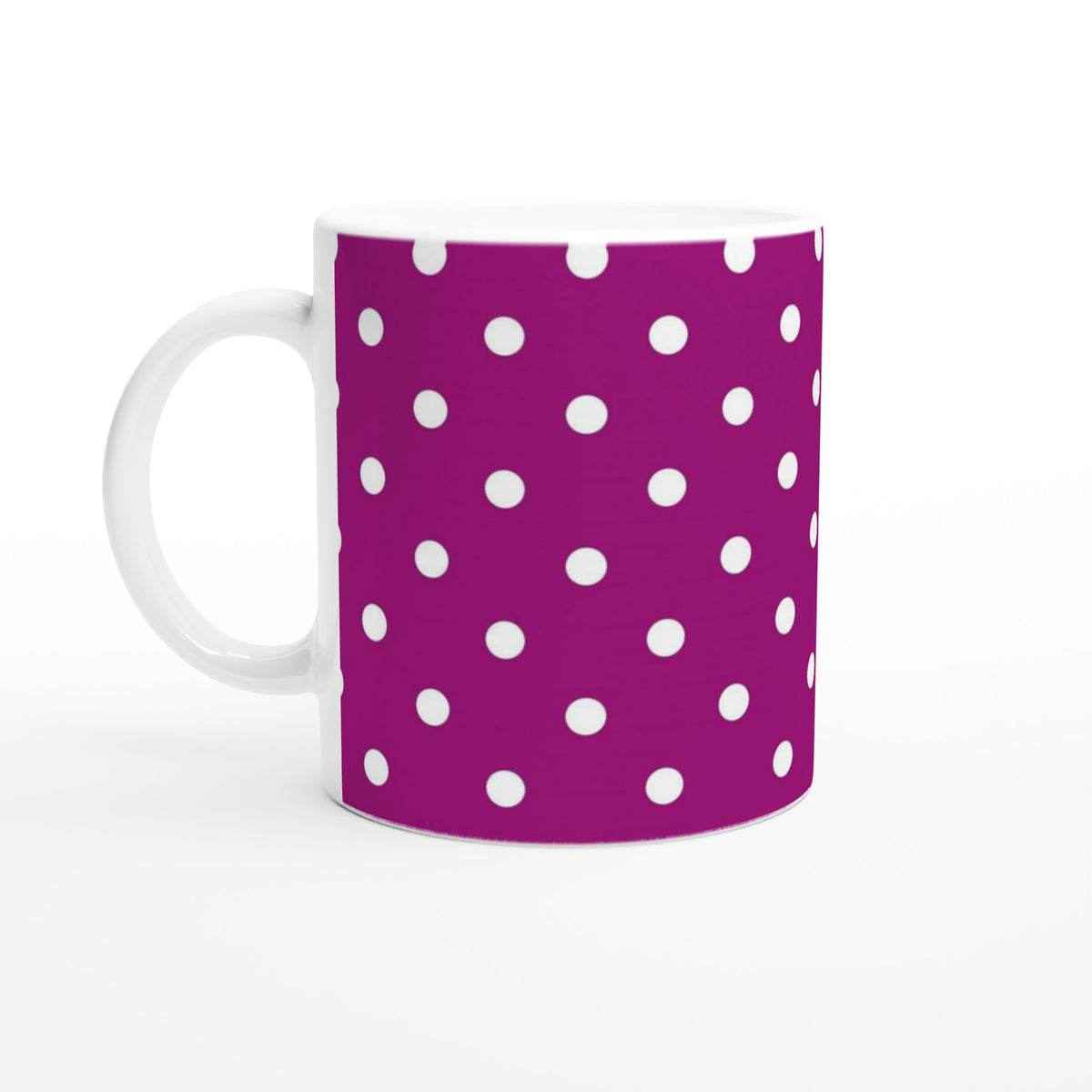 Retro purple ceramic mug with white polka dot pattern, ideal for coffee, tea, or gifting.