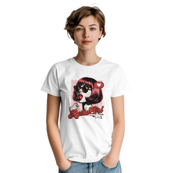 Young woman in a white Retro Pop Art Girl Graphic T-Shirt with bold vintage cartoon artwork.