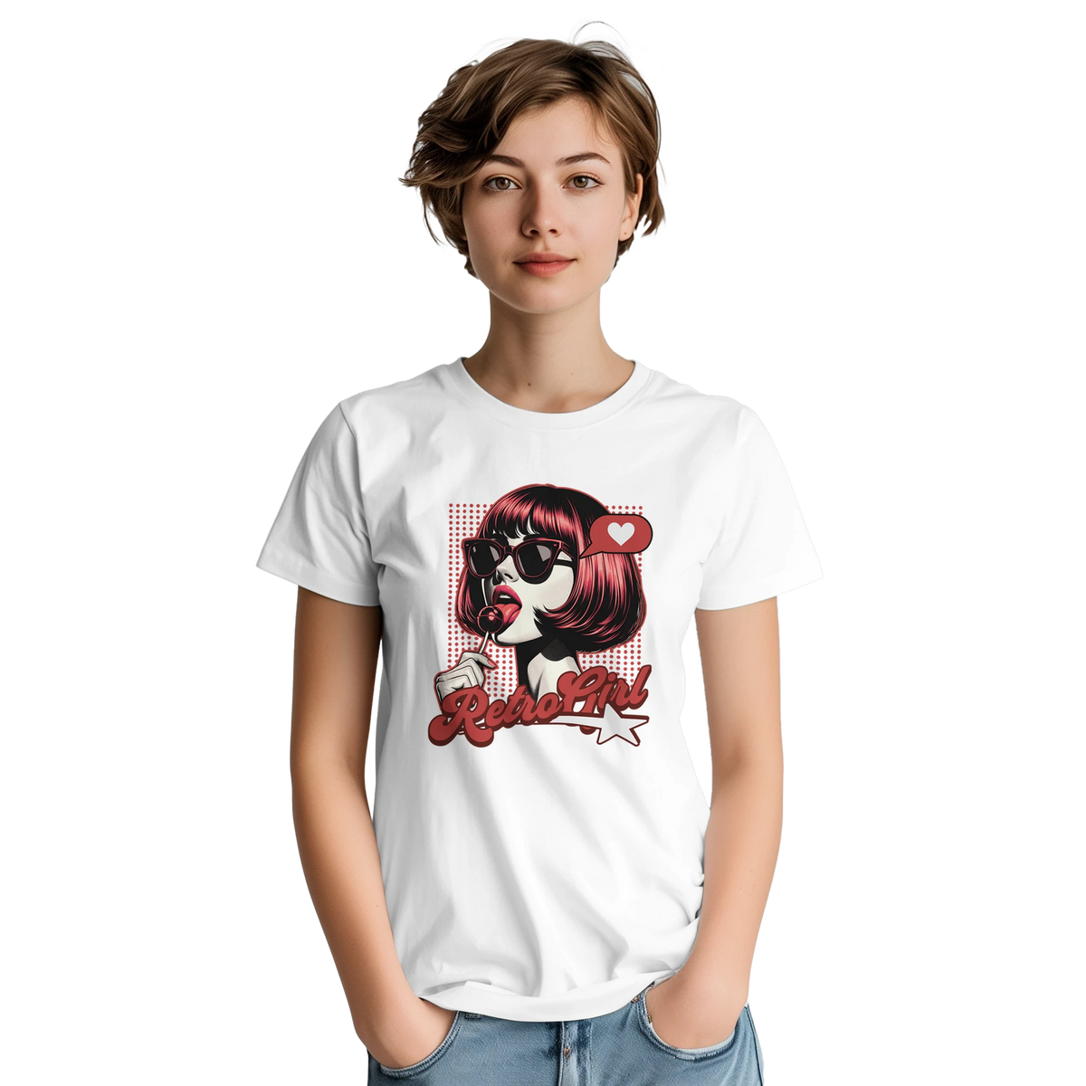 Young woman in a white Retro Pop Art Girl Graphic T-Shirt with bold vintage cartoon artwork.