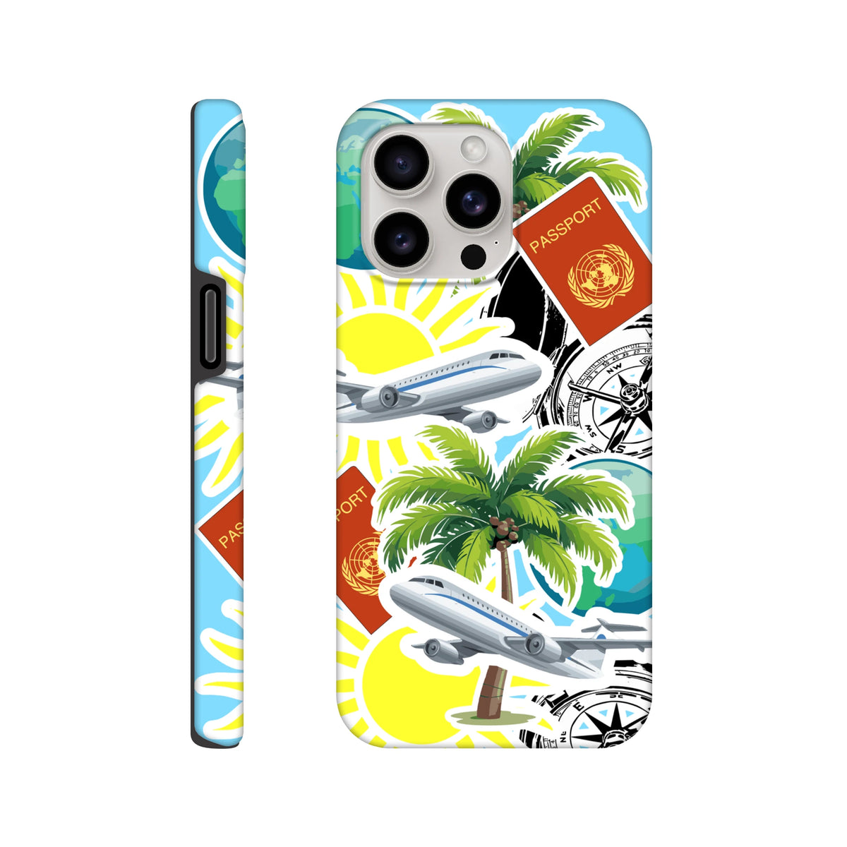 Travel sticker tough iPhone case featuring palm trees, passports, and airplanes in a bold, island-vibe protective cover design.