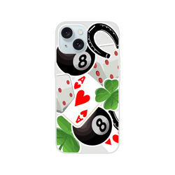 Transparent iPhone case featuring a lucky charm design with 8 balls, ace of hearts, four-leaf clovers, and horseshoes.