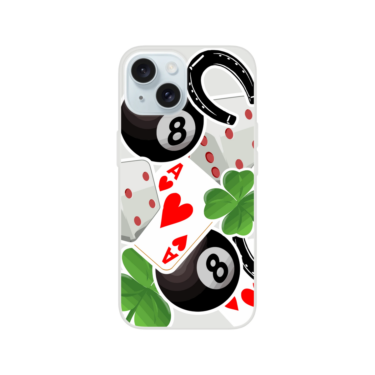 Transparent iPhone case featuring a lucky charm design with 8 balls, ace of hearts, four-leaf clovers, and horseshoes.