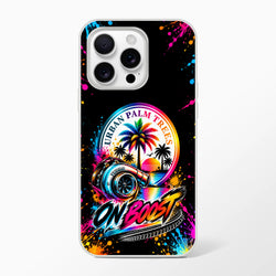 On Boost iPhone case featuring colorful turbocharger, palm tree sunset graphic, and paint splatter design for petrolheads.