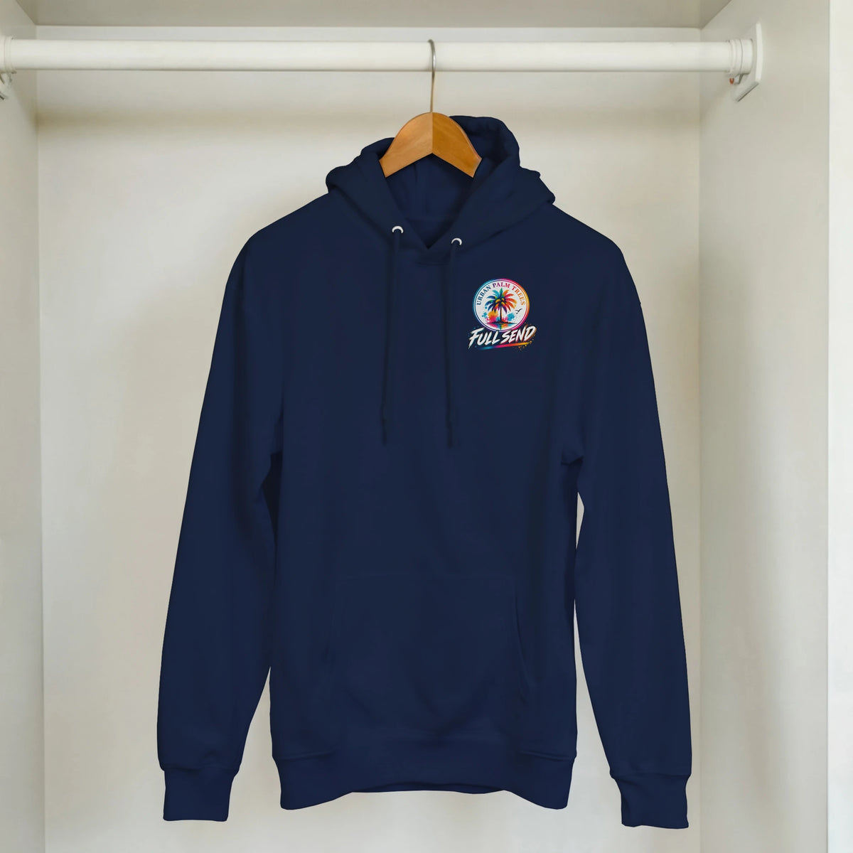 Navy blue petrolhead hoodie featuring a colorful Urban Palm Trees Full Send graphic on the chest, perfect for modified car culture.