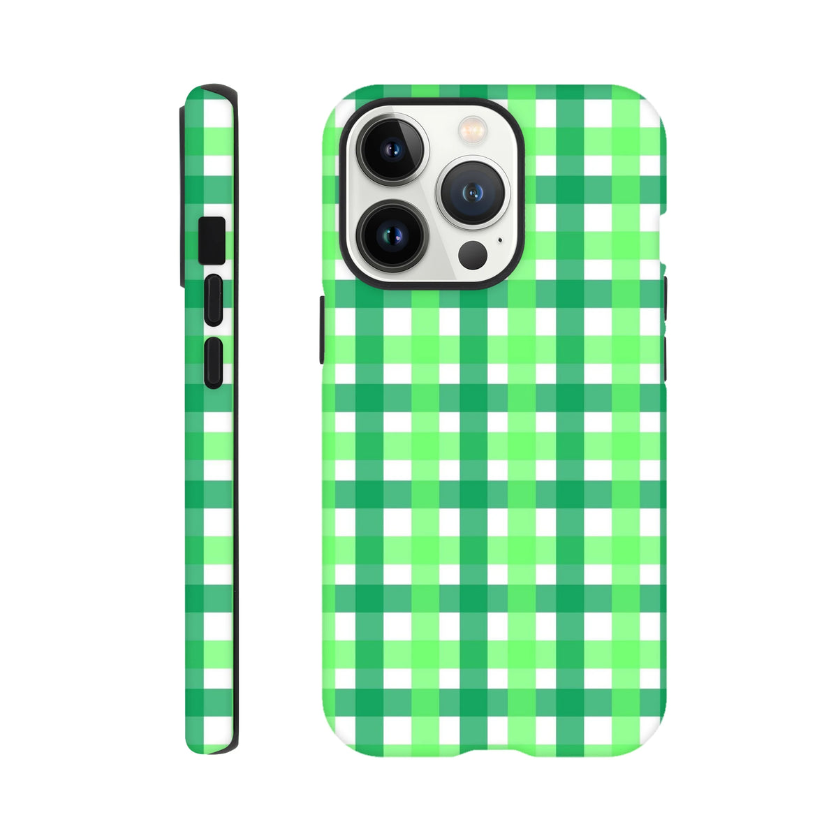 Retro green gingham iPhone case with bold plaid pattern and black shock-absorbing edges for 13-16 models.