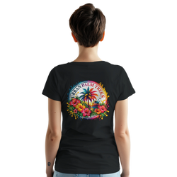 Black women's tee featuring a retro tropical back print with hibiscus flowers and palm trees in a colorful circular design.