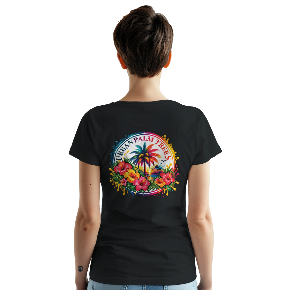 Black women's tee featuring a retro tropical back print with hibiscus flowers and palm trees in a colorful circular design.