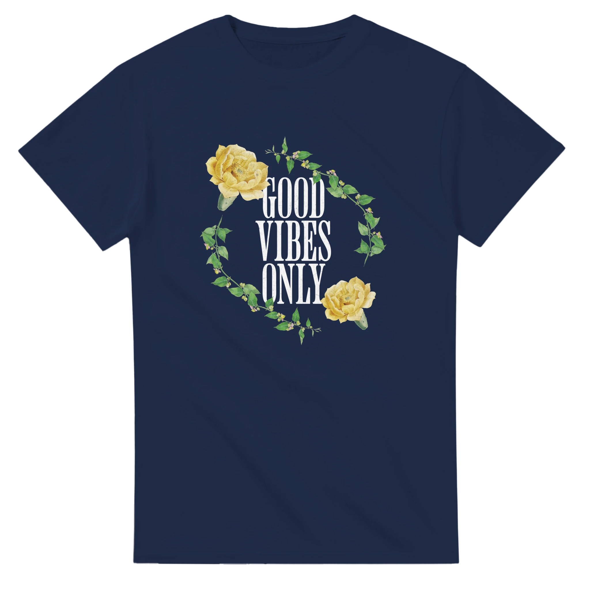 Good Vibes Only T Shirt, women's graphic tee with floral wreath on navy blue, soft cotton blend.