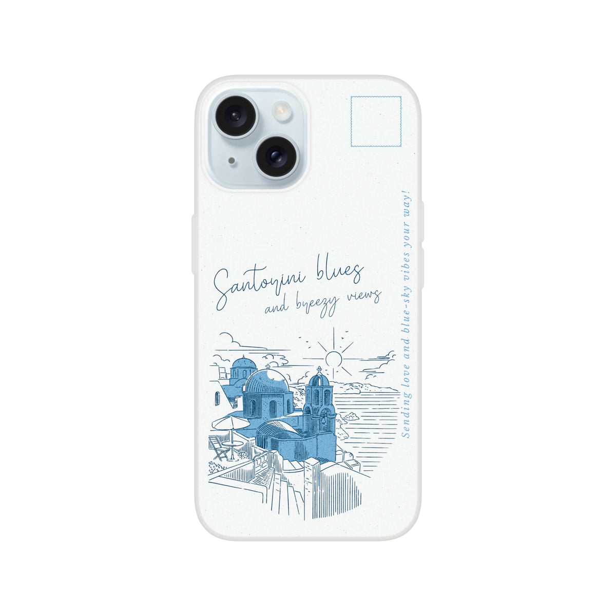 Vintage postcard-style iPhone case for 13-16 featuring Santorini blue-domed buildings on a white matte background.