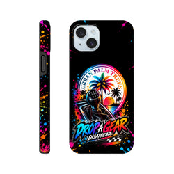 Black iPhone case featuring a colorful gear shift, palm trees, and "Drop A Gear" splash art for modified car culture.