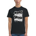 Man wearing black men's mental health graphic T-shirt with bold white typography.