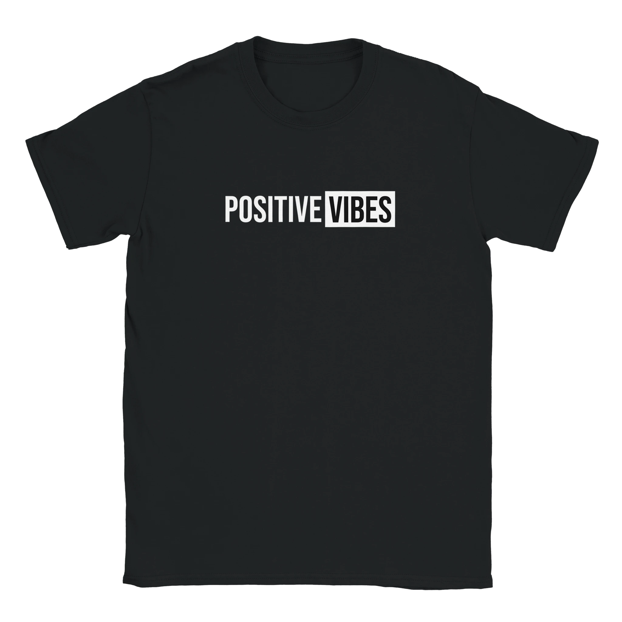 Black women's T-shirt with bold POSITIVE VIBES slogan.