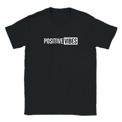 Black women's T-shirt with bold POSITIVE VIBES slogan.