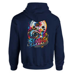 Navy men's petrolhead hoodie featuring a vibrant back graphic of a turbocharger, palm trees, and sunset car culture art.