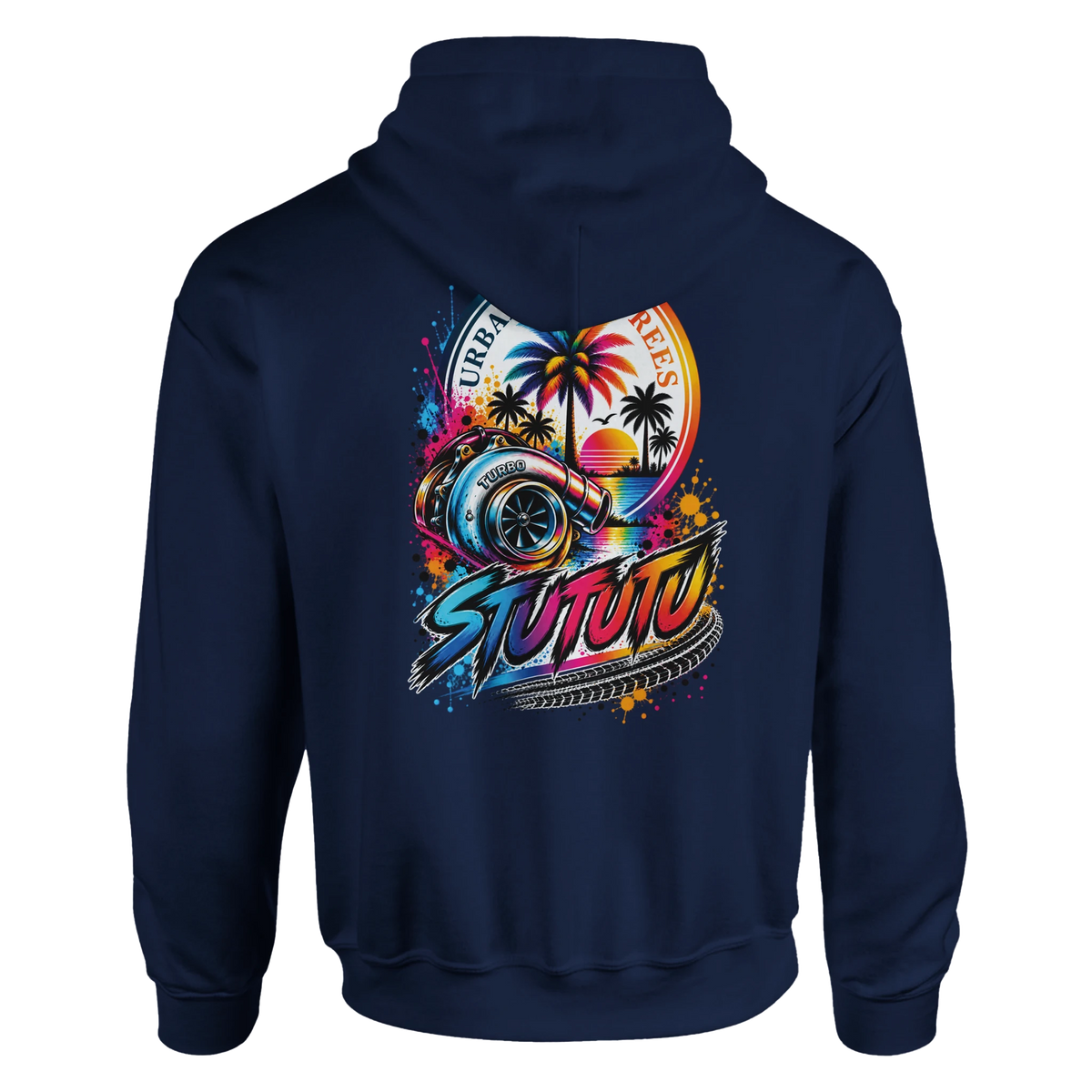 Navy men's petrolhead hoodie featuring a vibrant back graphic of a turbocharger, palm trees, and sunset car culture art.