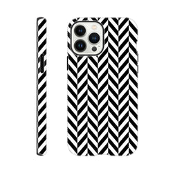 Black and white herringbone tough iPhone case featuring a geometric chevron pattern and shock-absorbing TPU protection for models 13-16.