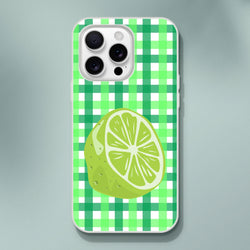 Bold lime gingham iPhone case for iPhone 13–16 with lime slice graphic and green aesthetic.