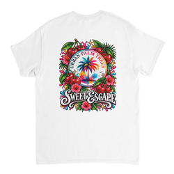 Retro white t-shirt back print featuring vibrant cherries, hibiscus flowers, and a colorful palm tree illustration with Sweet Escape text.