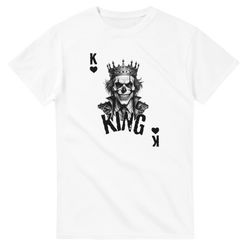 White men's gothic streetwear tee featuring a King Skull poker graphic with a crowned skeleton and K heart symbols.