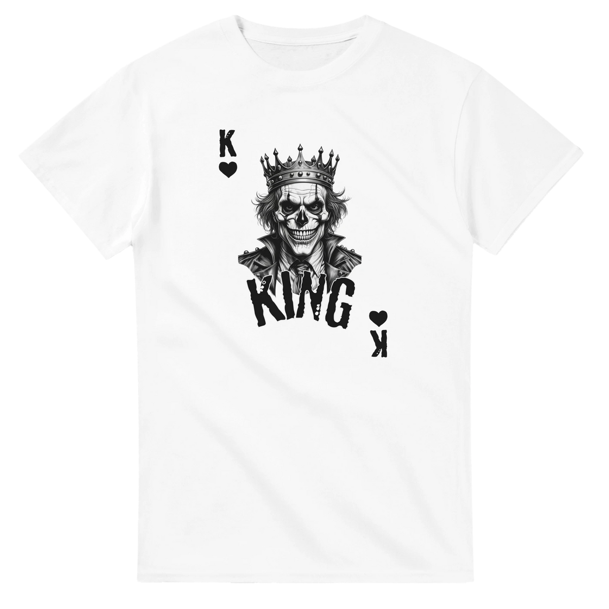 White men's gothic streetwear tee featuring a King Skull poker graphic with a crowned skeleton and K heart symbols.