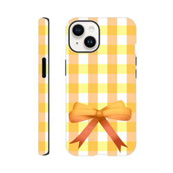Yellow gingham iPhone case featuring a large orange bow and wraparound vintage grid pattern for a bold coquette street style look.