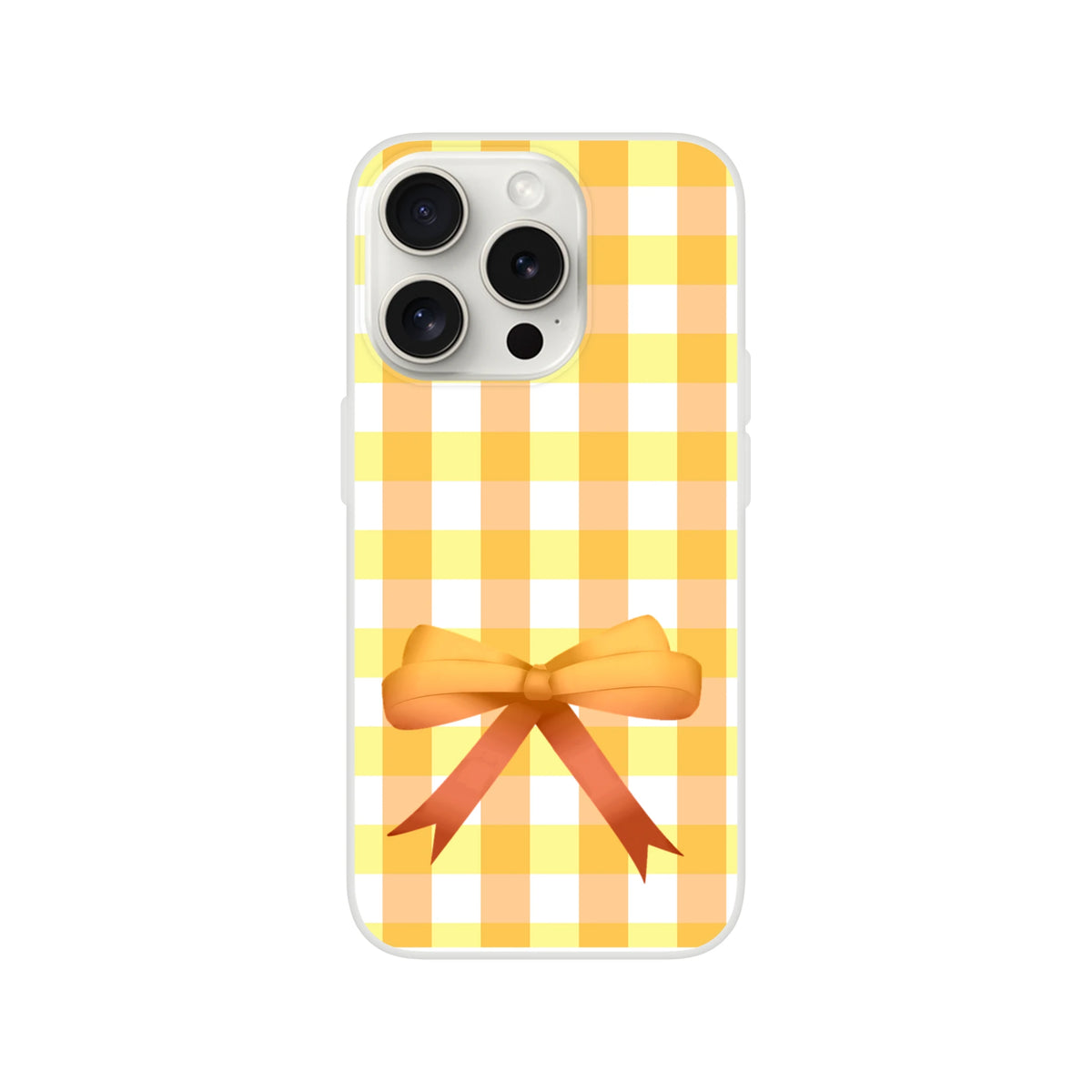 Yellow gingham bow iPhone case for iPhone 13–15, cute coquette aesthetic.