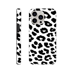 Black and white snow leopard print iPhone case featuring a tough, shock-absorbing design with seamless wrap-around protection for daily use.