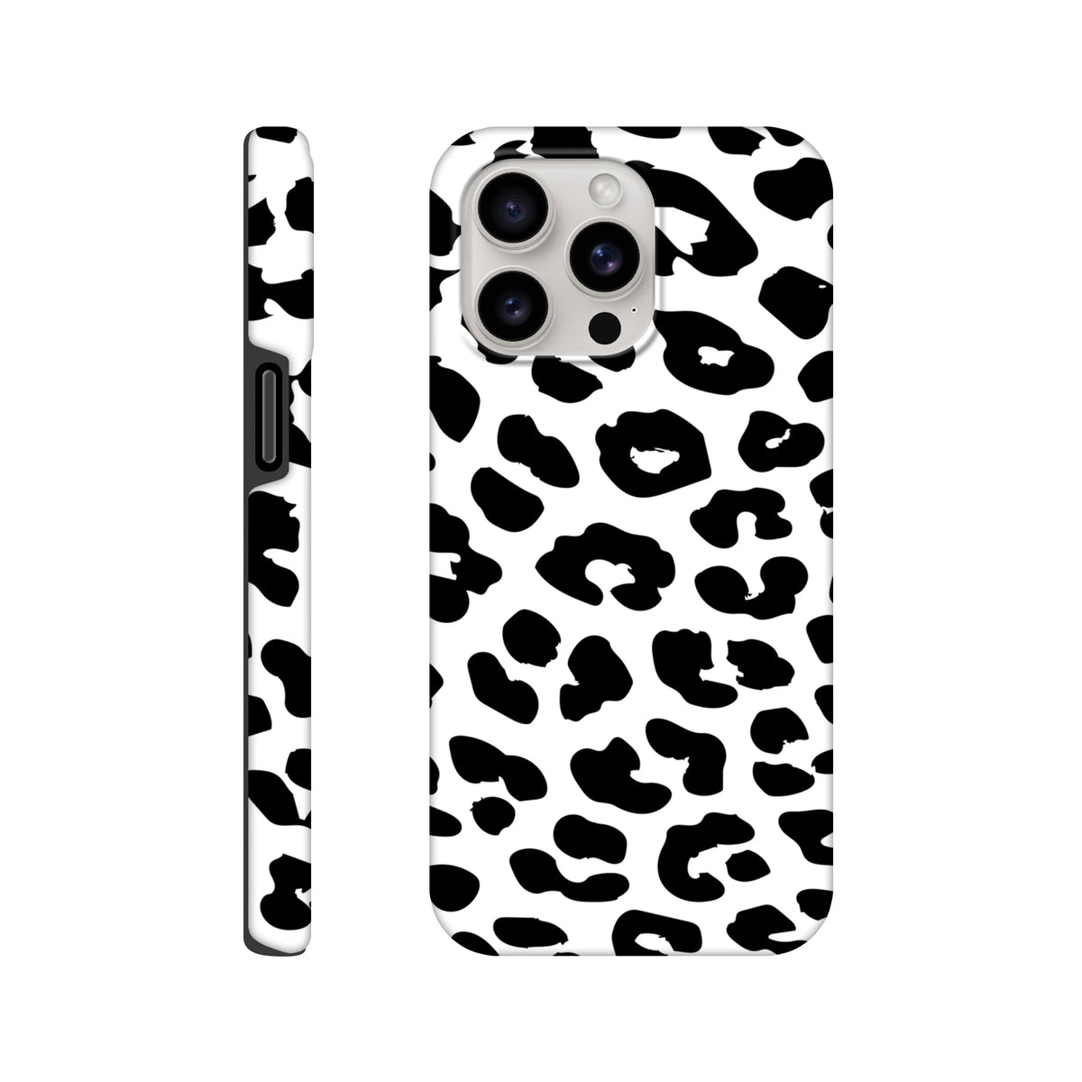 Black and white snow leopard print iPhone case featuring a tough, shock-absorbing design with seamless wrap-around protection for daily use.