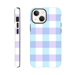 Pastel blue, lavender, and white gingham iPhone case with tough shock-absorbing protection and streetwear style.