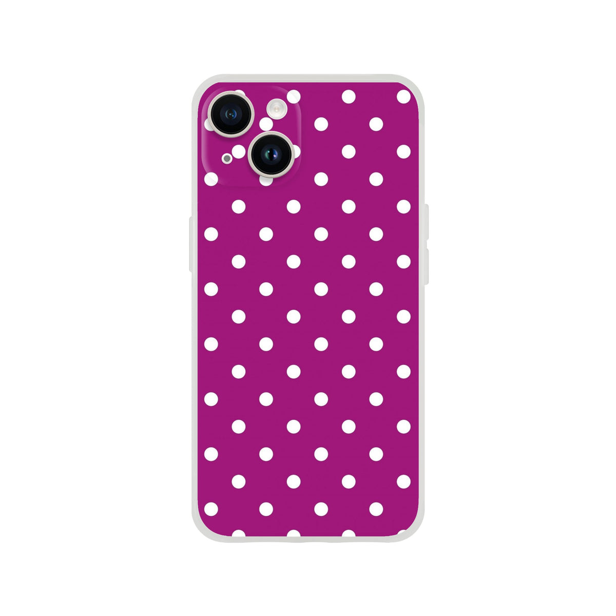 Retro purple iPhone case with white polka dots. Shock-absorbing TPU phone cover with matte finish for iPhone 13-16.
