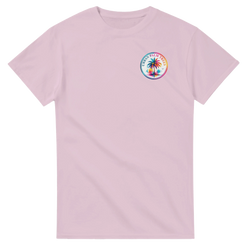 Pink crew neck t-shirt featuring a colorful circular Urban Palm Trees graphic on the chest.