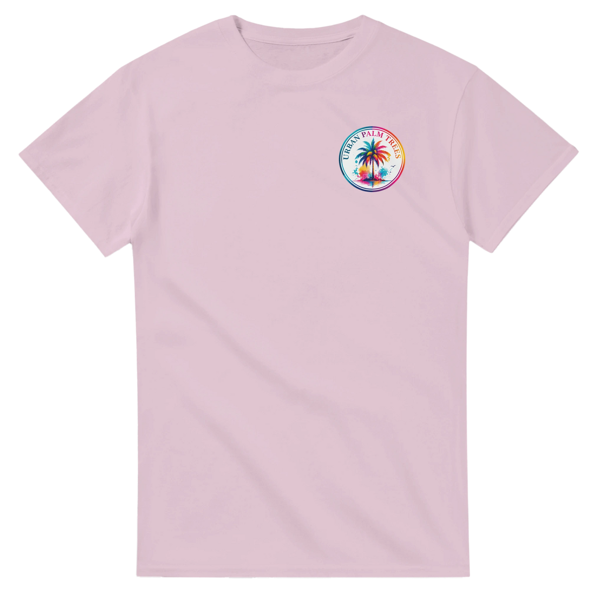 Pink crew neck t-shirt featuring a colorful circular Urban Palm Trees graphic on the chest.