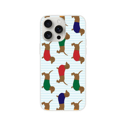 Cute sausage dog iPhone case with dachshund pattern on light blue striped background for iPhone 13-16