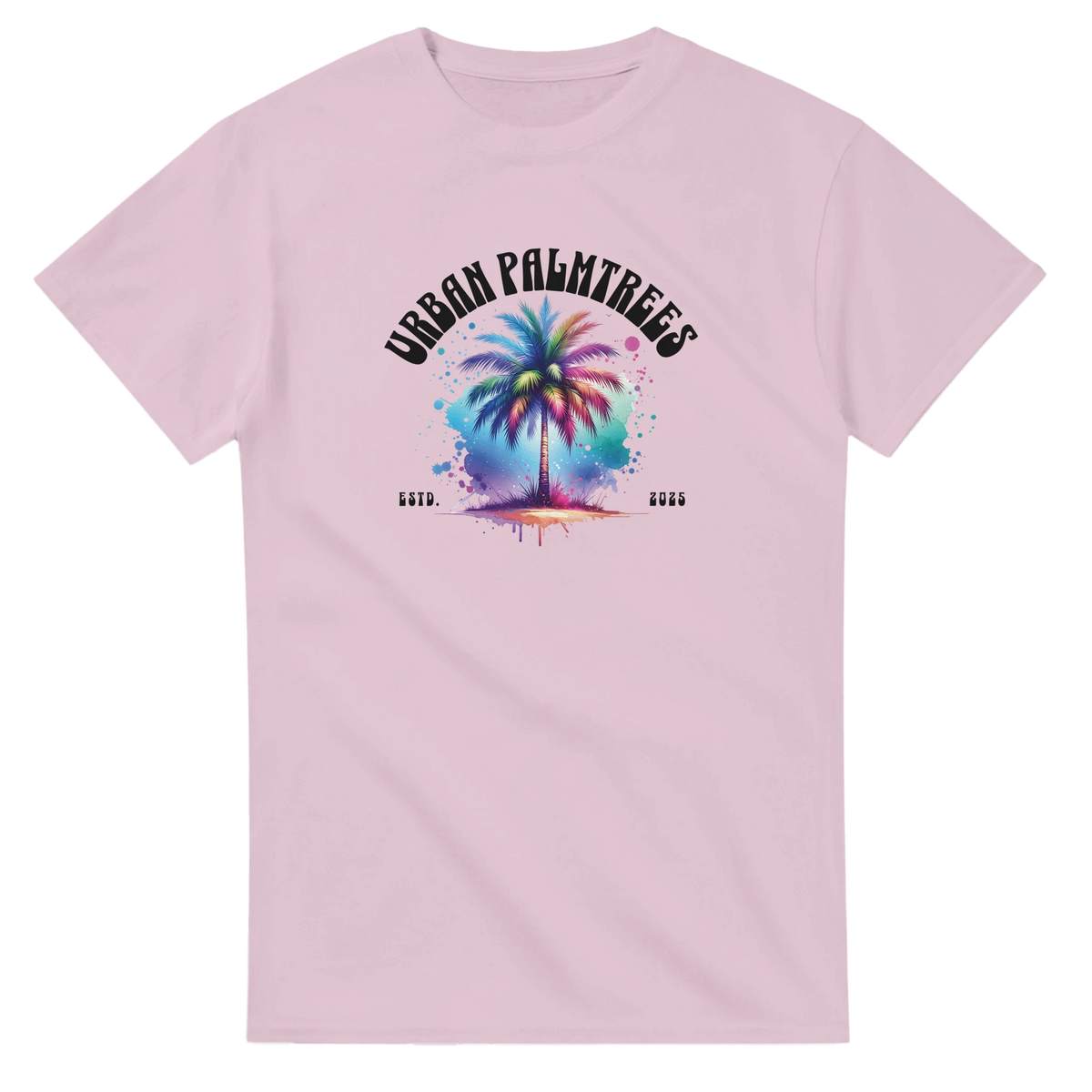 Pink women's T-shirt with a watercolor palm tree graphic and Urban Palm Trees curved text