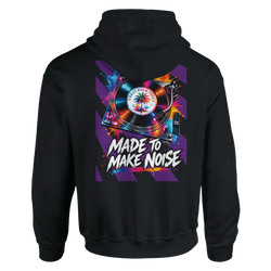 Black men's hoodie featuring a colorful retro turntable back print with "Made to Make Noise" text and palm tree graphic.