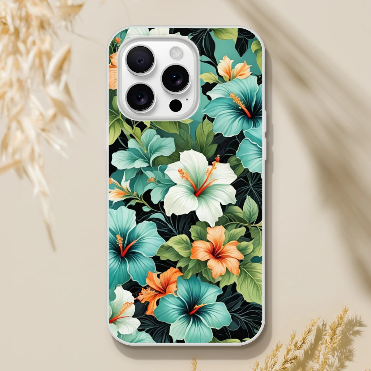 Tropical hibiscus floral iPhone case for iPhone 13-16 with a slim matte shell.