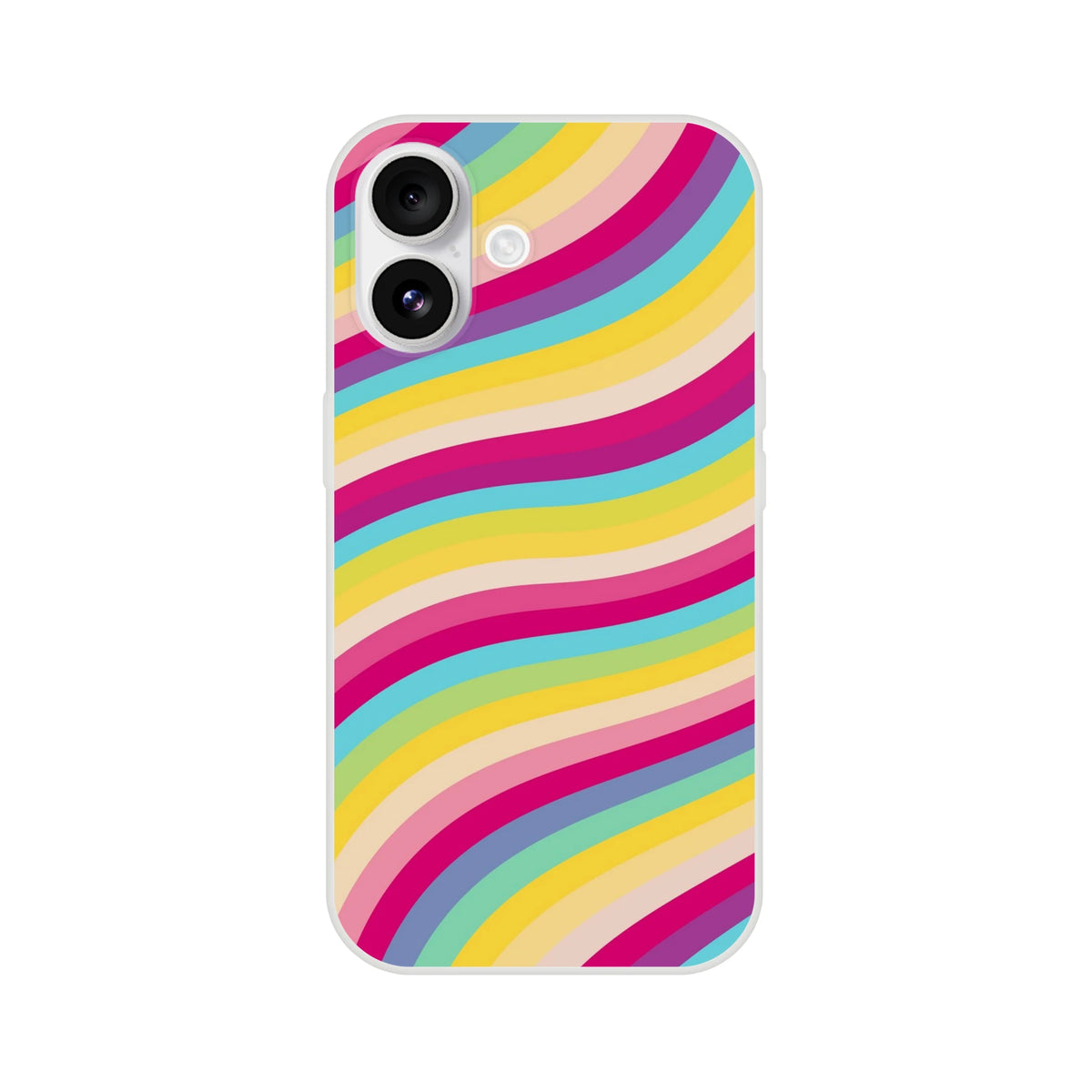 Slim rainbow-wave iPhone case with matte finish, retro Y2K design for iPhone 13–16.