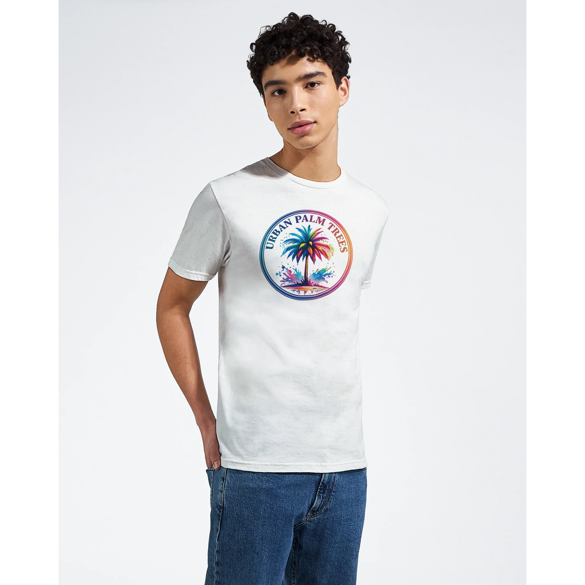 Man wearing white Retro Palm Tree T-Shirt featuring colorful circular palm design.