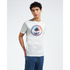 Man wearing white Retro Palm Tree T-Shirt featuring colorful circular palm design.
