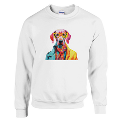 White cotton-blend sweatshirt featuring a vibrant pop-art dog wearing yellow glasses and a scarf.
