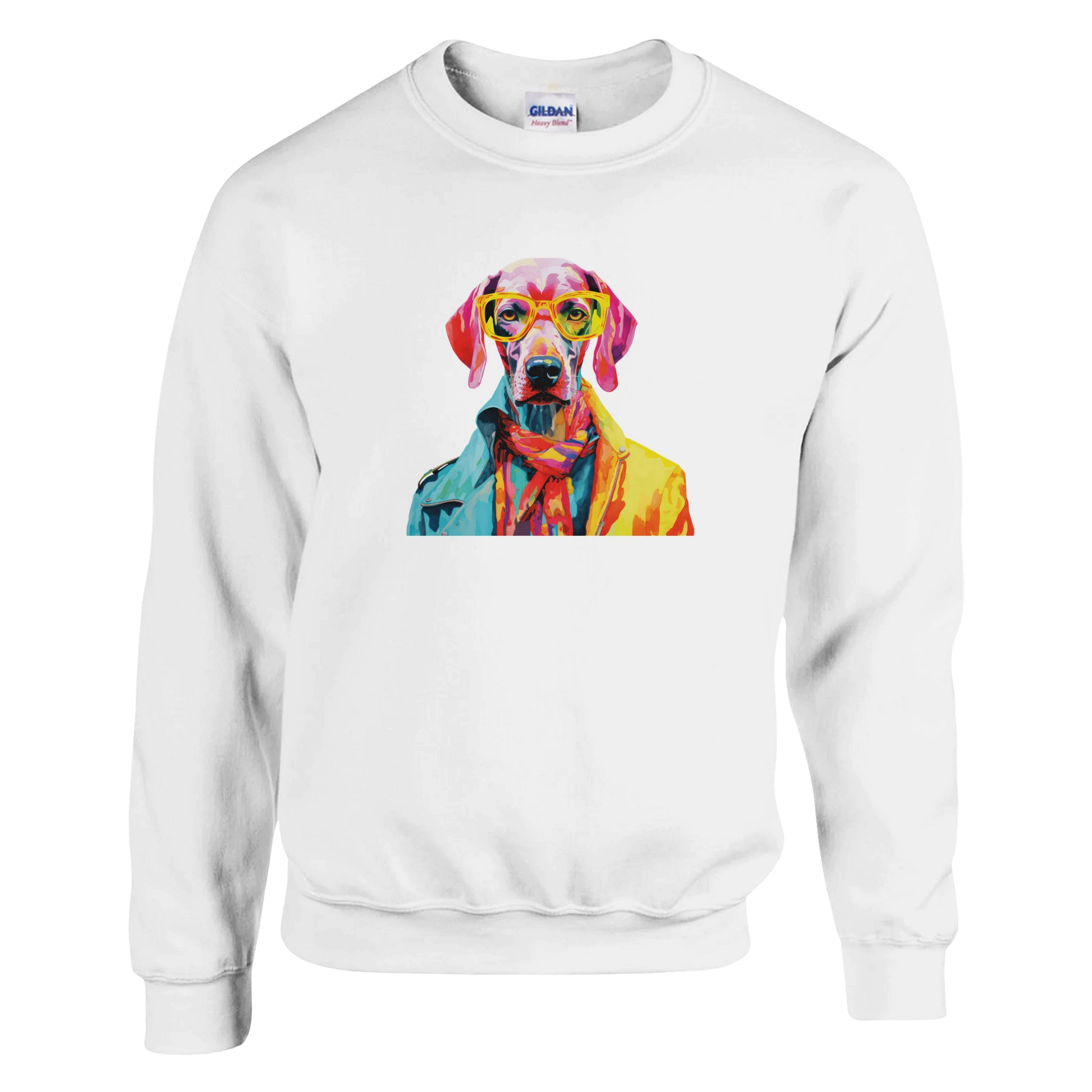 White cotton-blend sweatshirt featuring a vibrant pop-art dog wearing yellow glasses and a scarf.